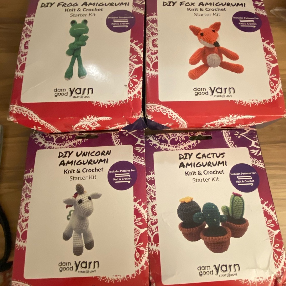Four different knit/crochet starter kits from Darn Good Yarn.